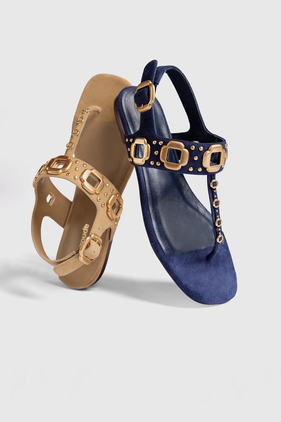 Larroude Milan Studs Thong Sandal In Peanut Suede