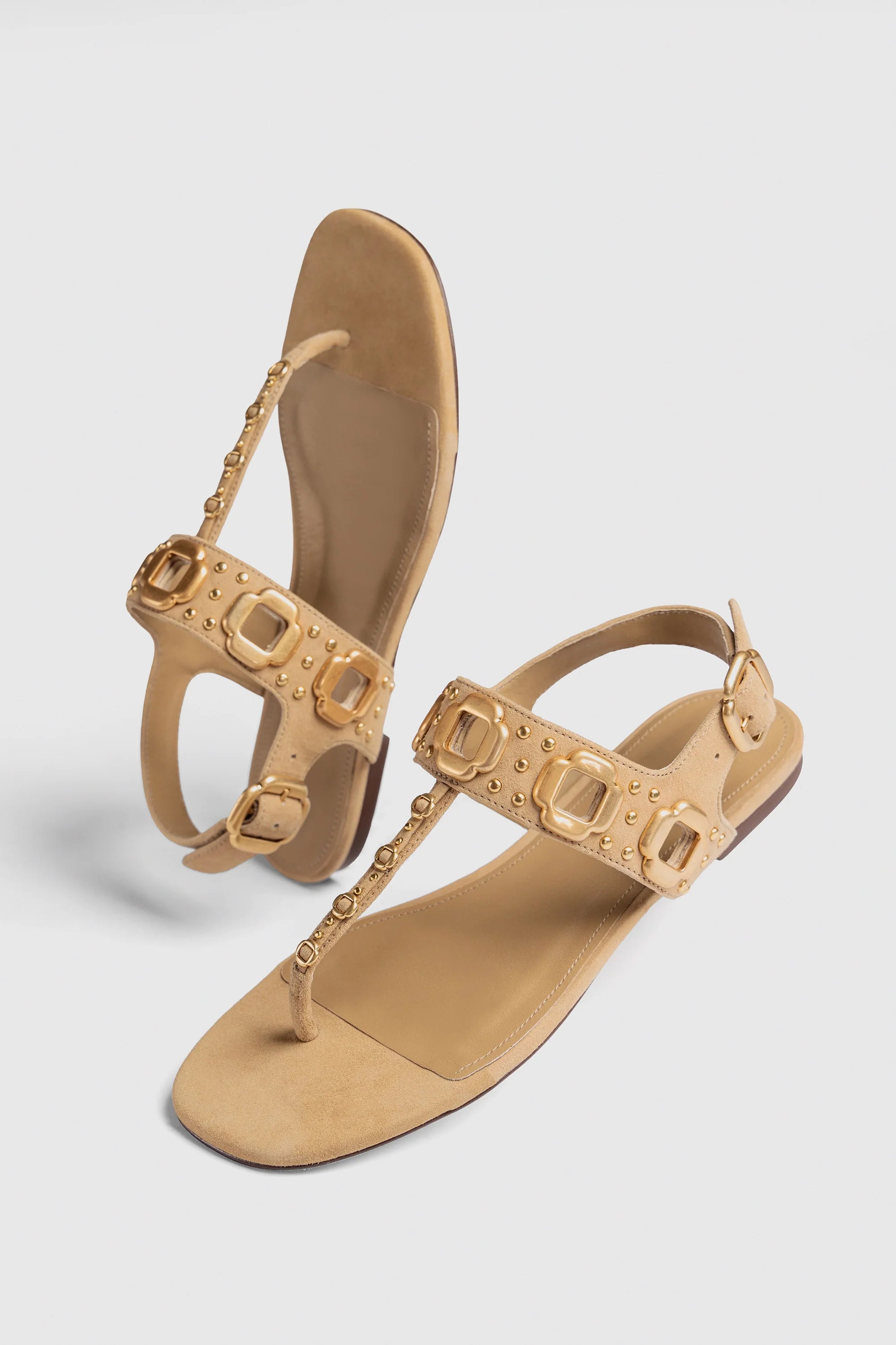 Larroude Milan Studs Thong Sandal In Peanut Suede
