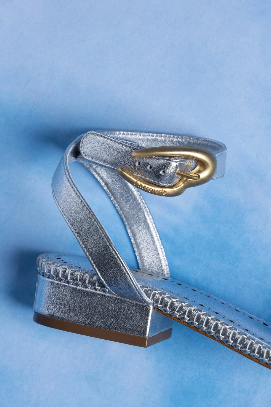 Larroude Verona Flat Sandal In Silver Metallic Leather