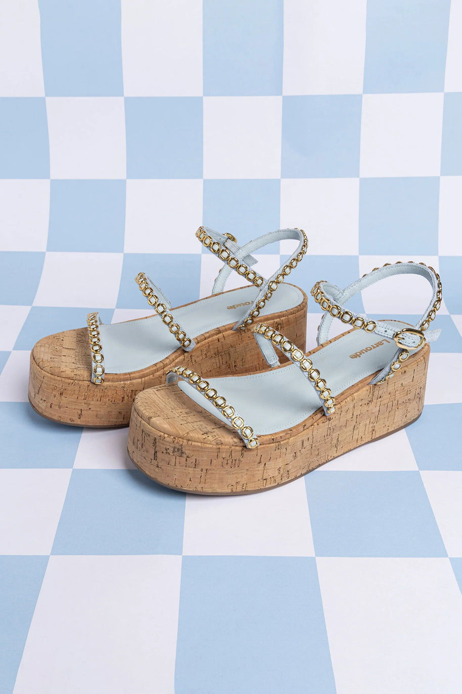Larroude Gio Milanina Flatform In Maya Denim And Natural Cork
