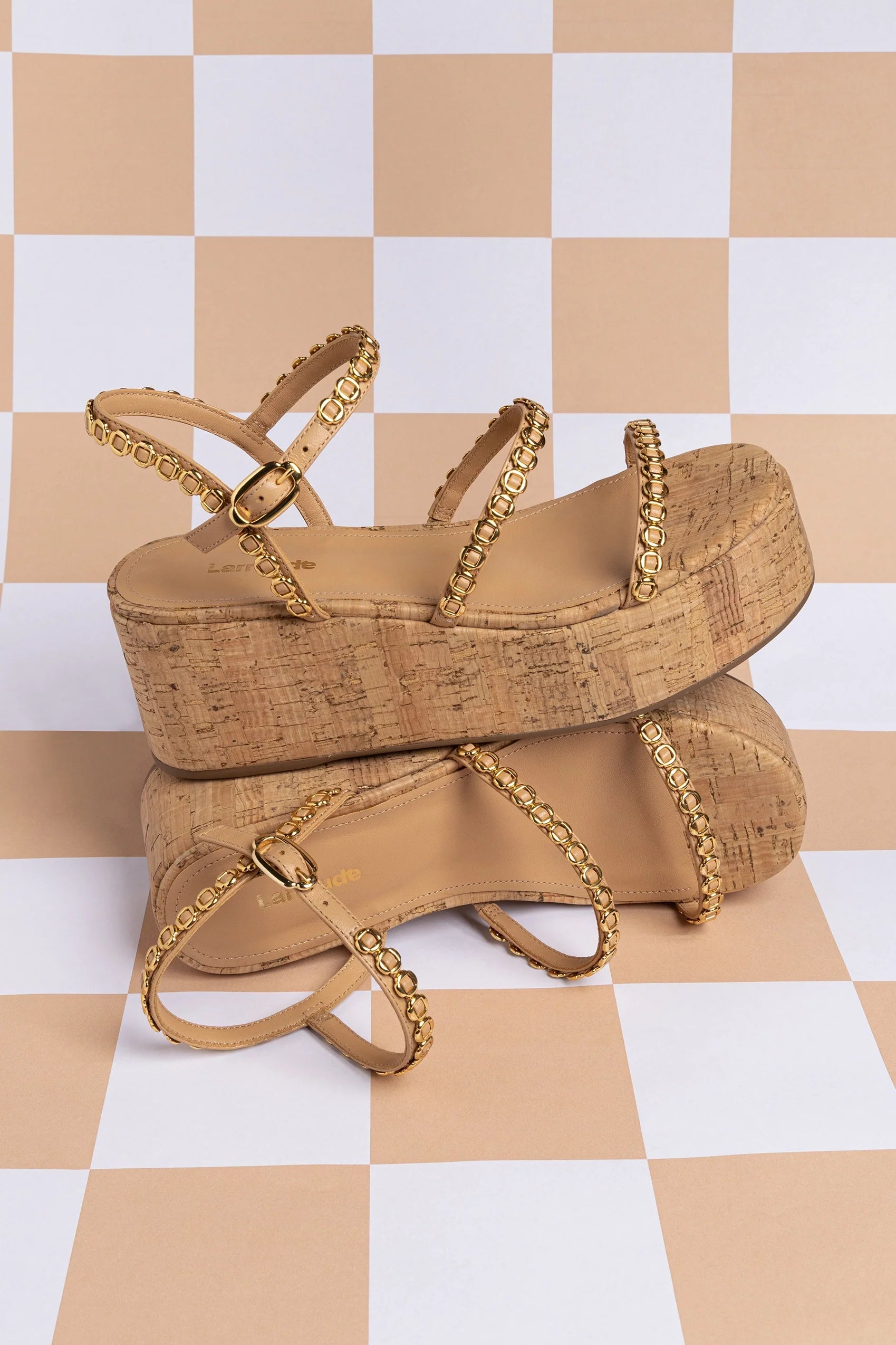 Larroude Gio Milanina Flatform In Tan Leather And Natural Cork