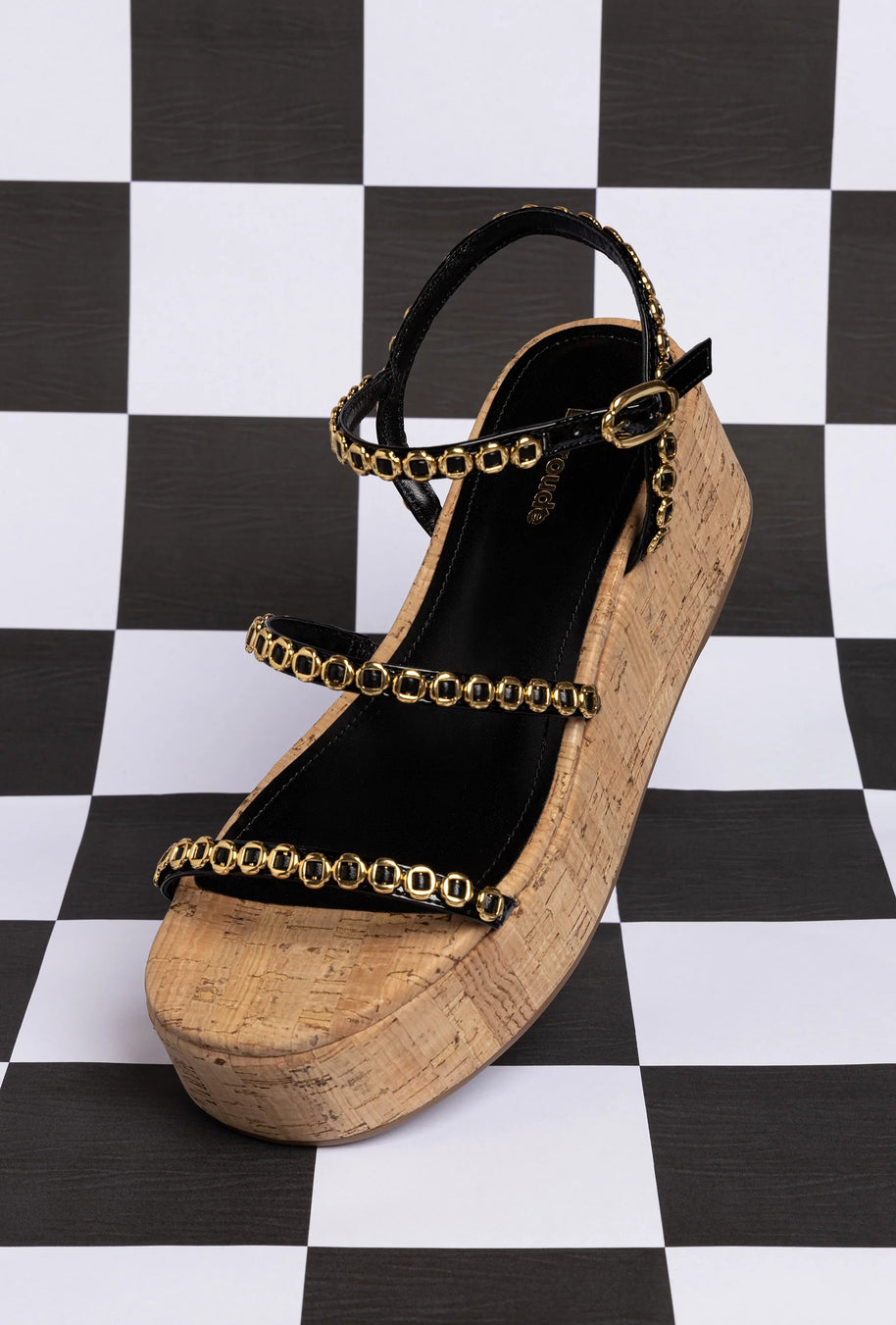 Larroude Gio Milanina Flatform In Black Patent Leather And Natural Cork