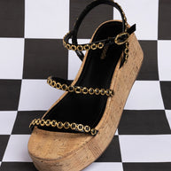 Larroude Gio Milanina Flatform In Black Patent Leather And Natural Cork