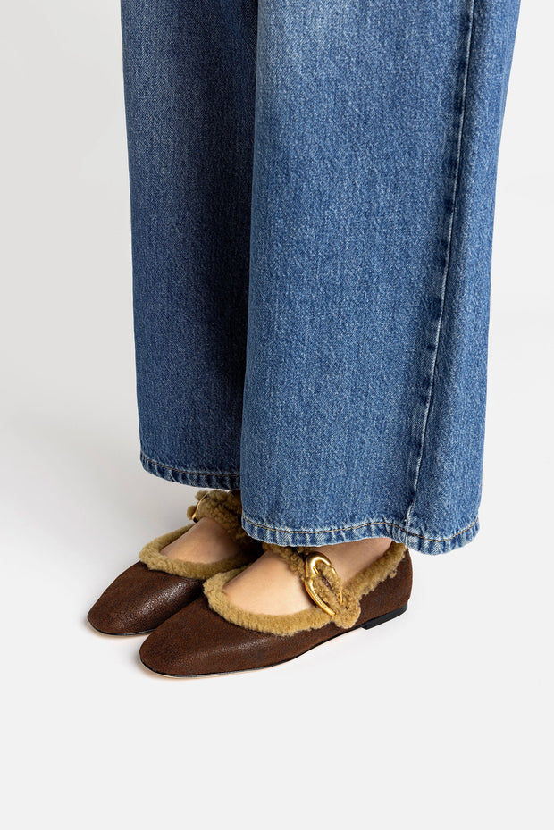 Larroude Verona Ballet Flat In Cocoa Leather And Natural Shearling