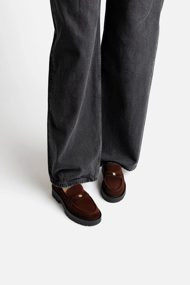 Larroude Suki Lugsole Loafer In Brown Suede
