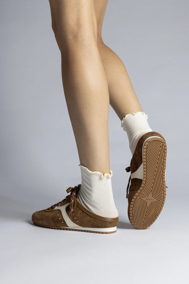 Larroude Stella Mule In Russet Suede And Ivory Leather