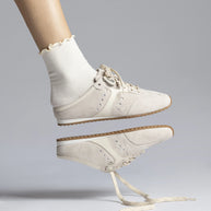 Larroude Stella Mule In Mushroom Grey Suede And Ivory Leather