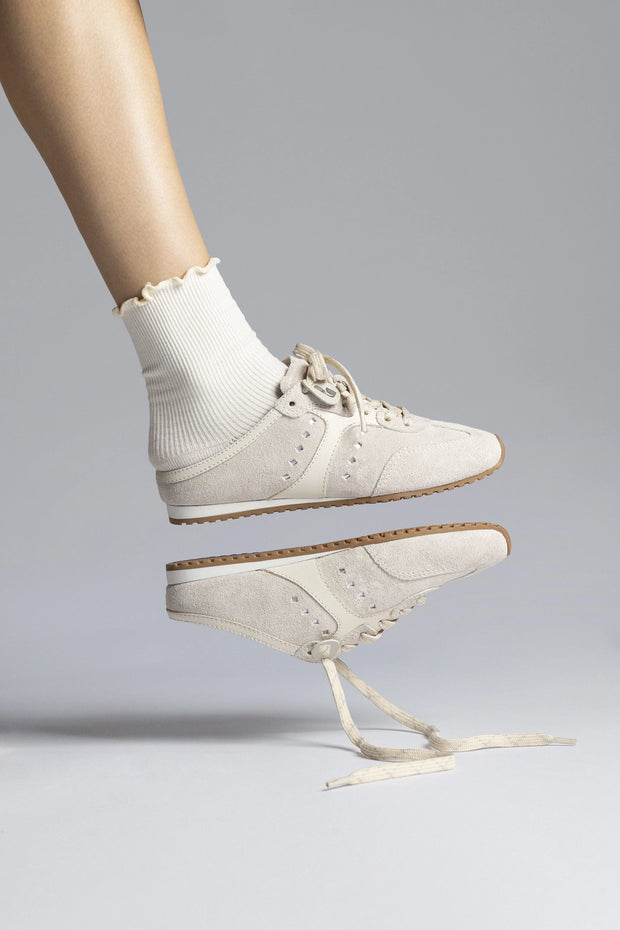 Larroude Stella Mule In Mushroom Grey Suede And Ivory Leather