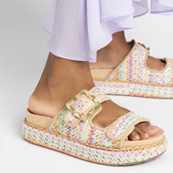 Larroude Maui Slide In Tapestry Rainbow Raffia And Beige Trimming