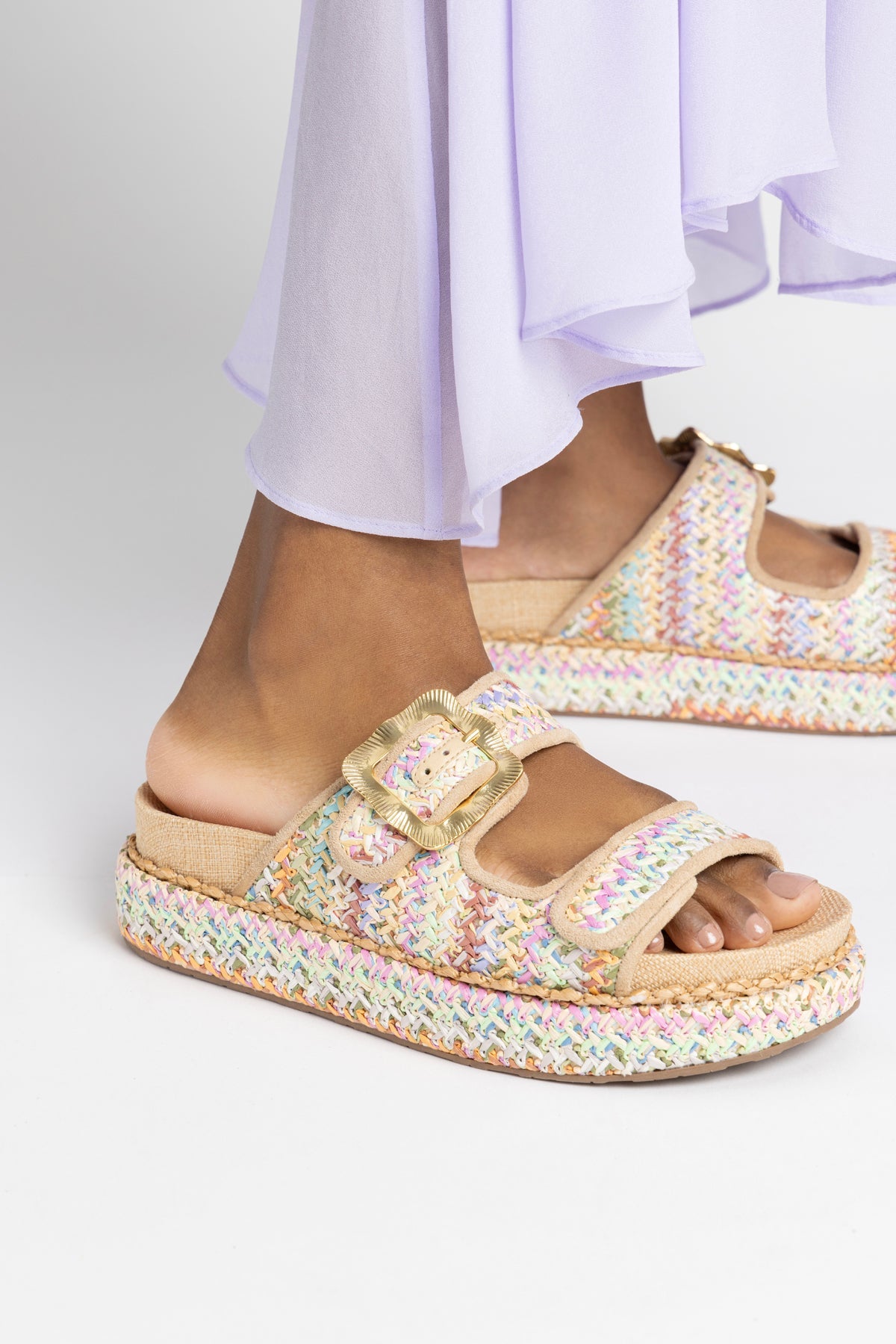 Larroude Maui Slide In Tapestry Rainbow Raffia And Beige Trimming