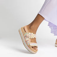Larroude Maui Slide In Tapestry Rainbow Raffia And Beige Trimming