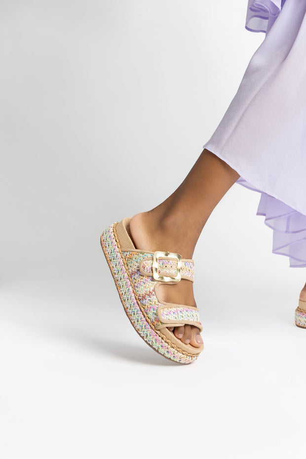 Larroude Maui Slide In Tapestry Rainbow Raffia And Beige Trimming