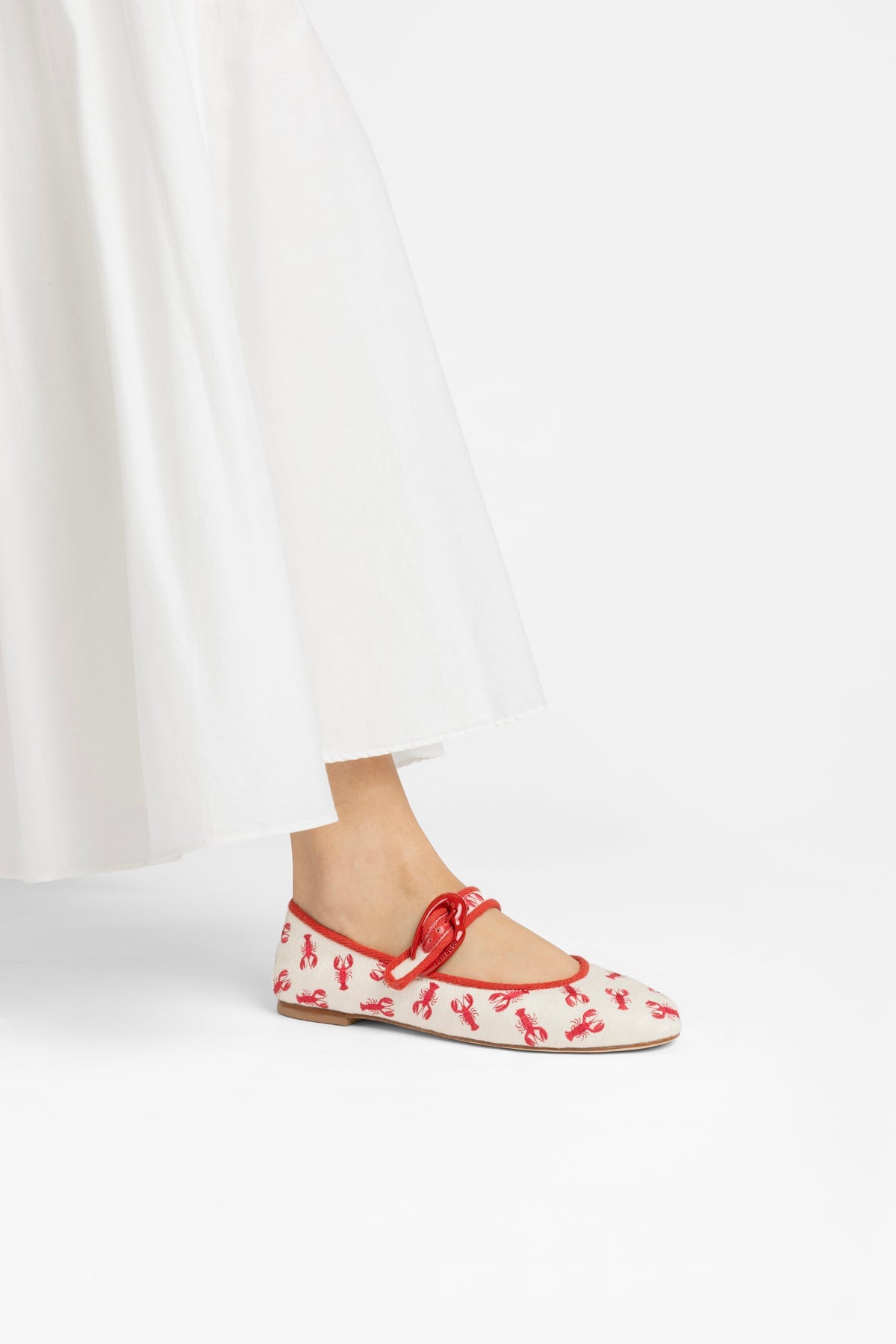Larroude Verona Ballet Flat In White Striped Fabric And Lobster Embroidery