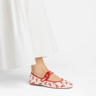 Larroude Verona Ballet Flat In White Striped Fabric And Lobster Embroidery