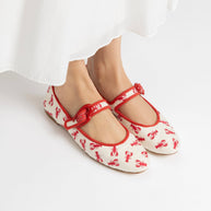 Larroude Verona Ballet Flat In White Striped Fabric And Lobster Embroidery