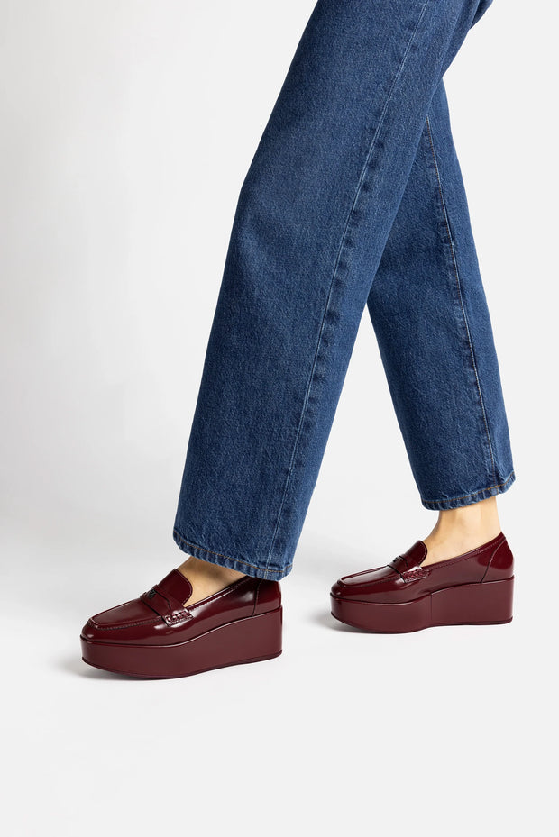 Larroude Suki Flatform Loafer In Burgundy Box Leather