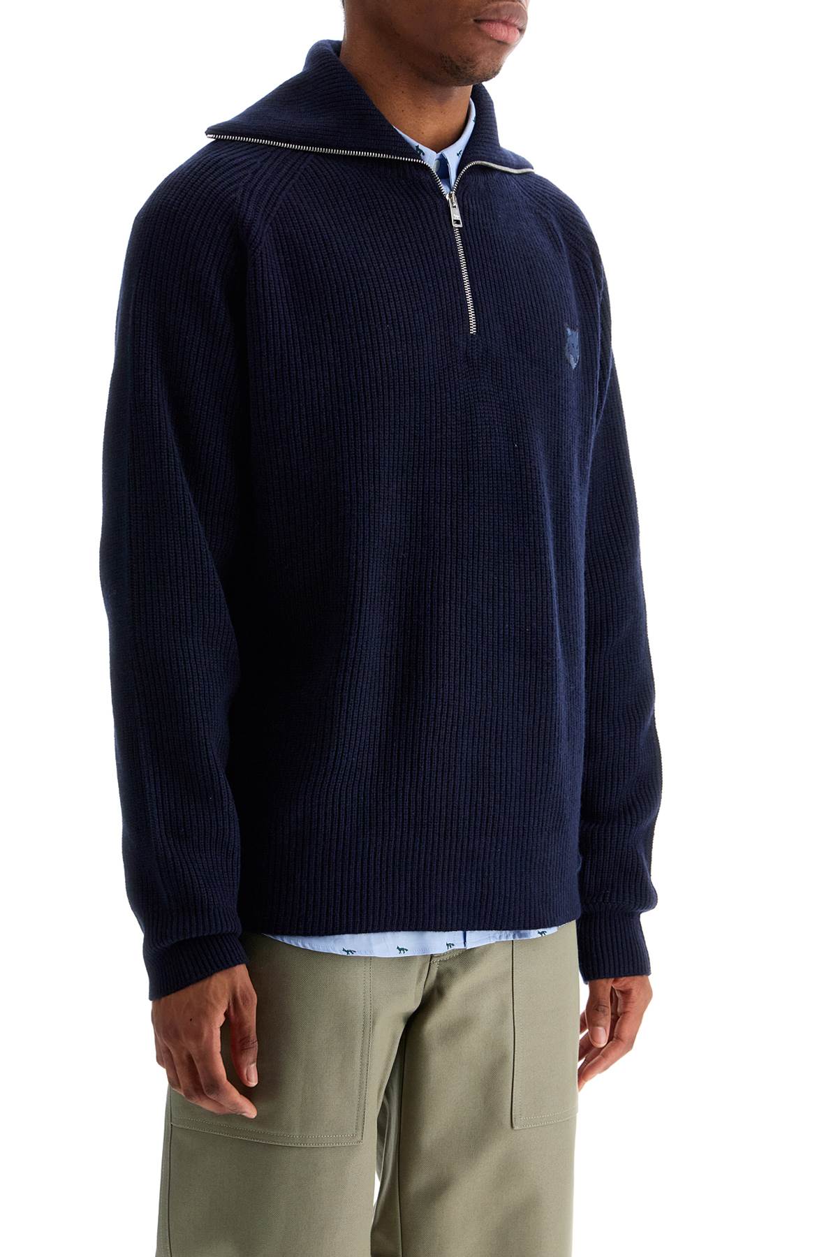 Maison Kitsune Ink Blue Wool Sweater With Fox Head Patch