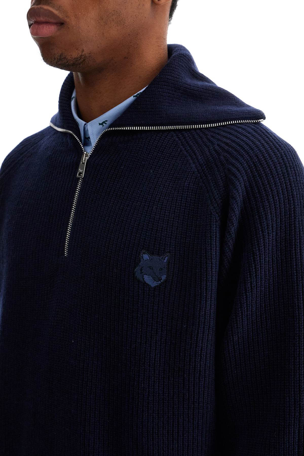 Maison Kitsune Ink Blue Wool Sweater With Fox Head Patch