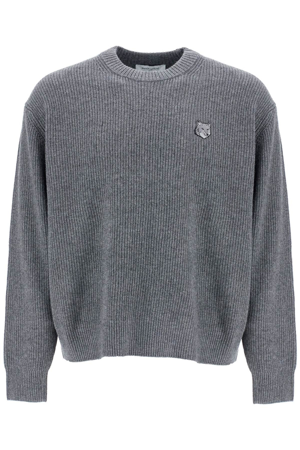 Maison Kitsune Grey Mélange Wool Sweater With Embroidered Fox Logo