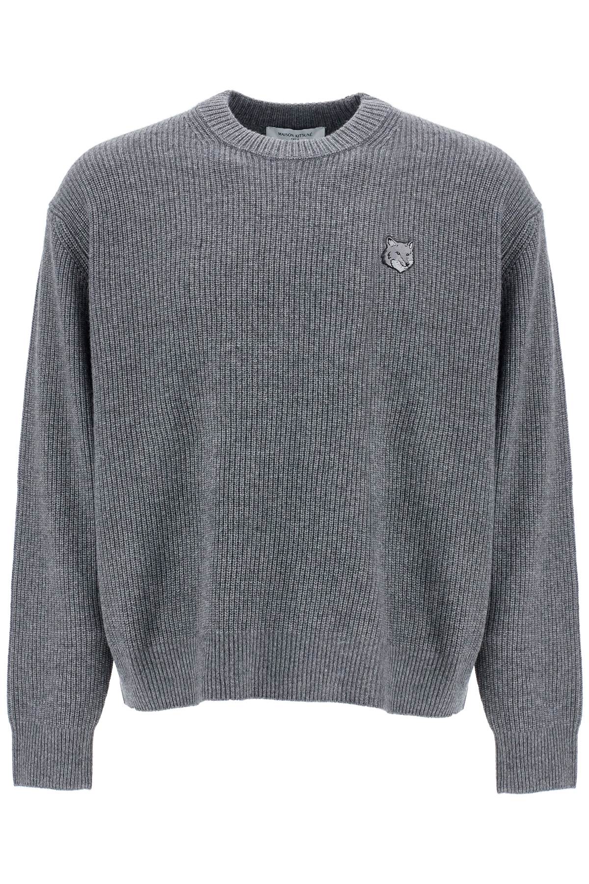 Maison Kitsune Grey Mélange Wool Sweater With Embroidered Fox Logo