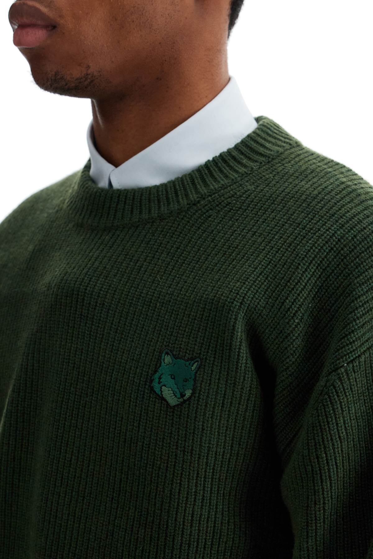 Maison Kitsune Ranger Green Wool And Viscose Sweater With Fox Patch