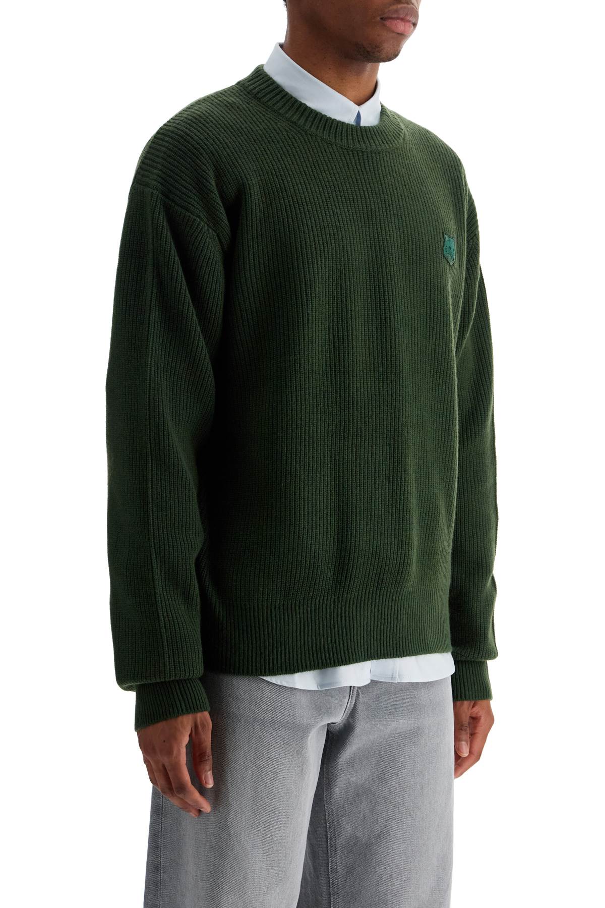 Maison Kitsune Ranger Green Wool And Viscose Sweater With Fox Patch