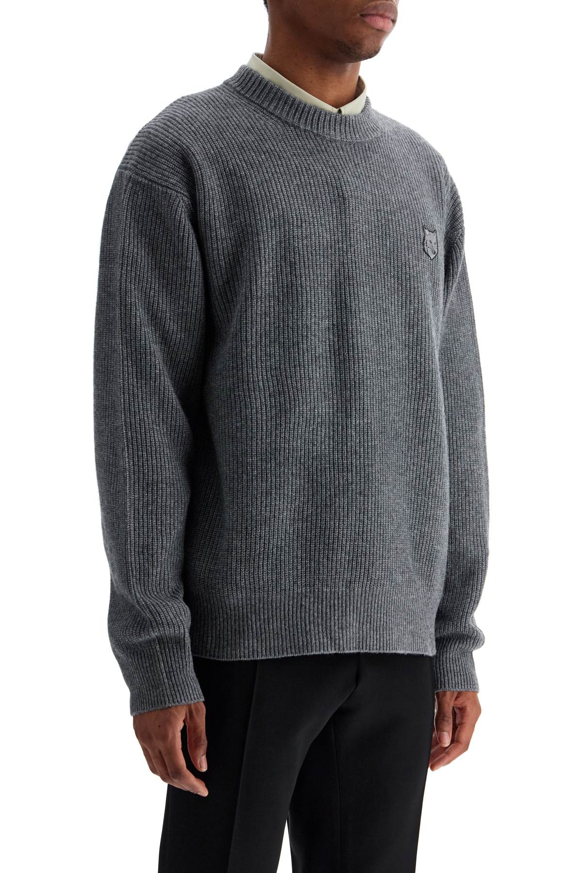 Maison Kitsune Grey Mélange Wool Sweater With Embroidered Fox Logo