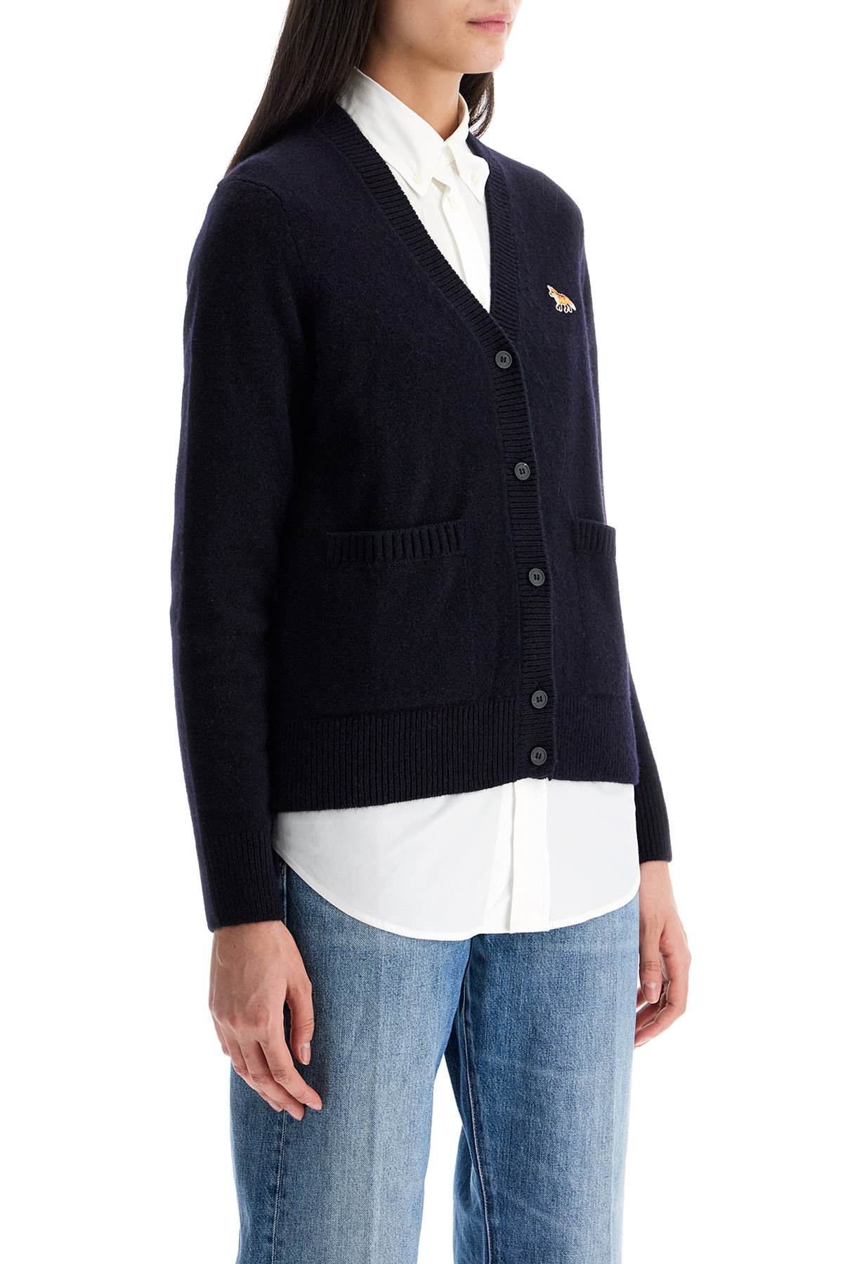 Maison Kitsune Oversized Blue Cardigan 100% Wool With Fox Patch