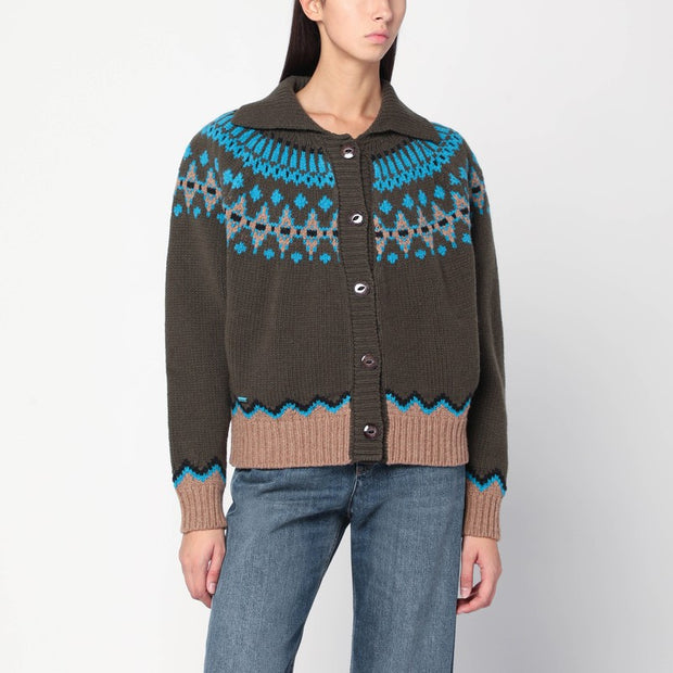 Alanui Olive Green Fair Isle Patterned Cardigan