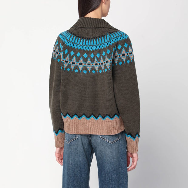 Alanui Olive Green Fair Isle Patterned Cardigan