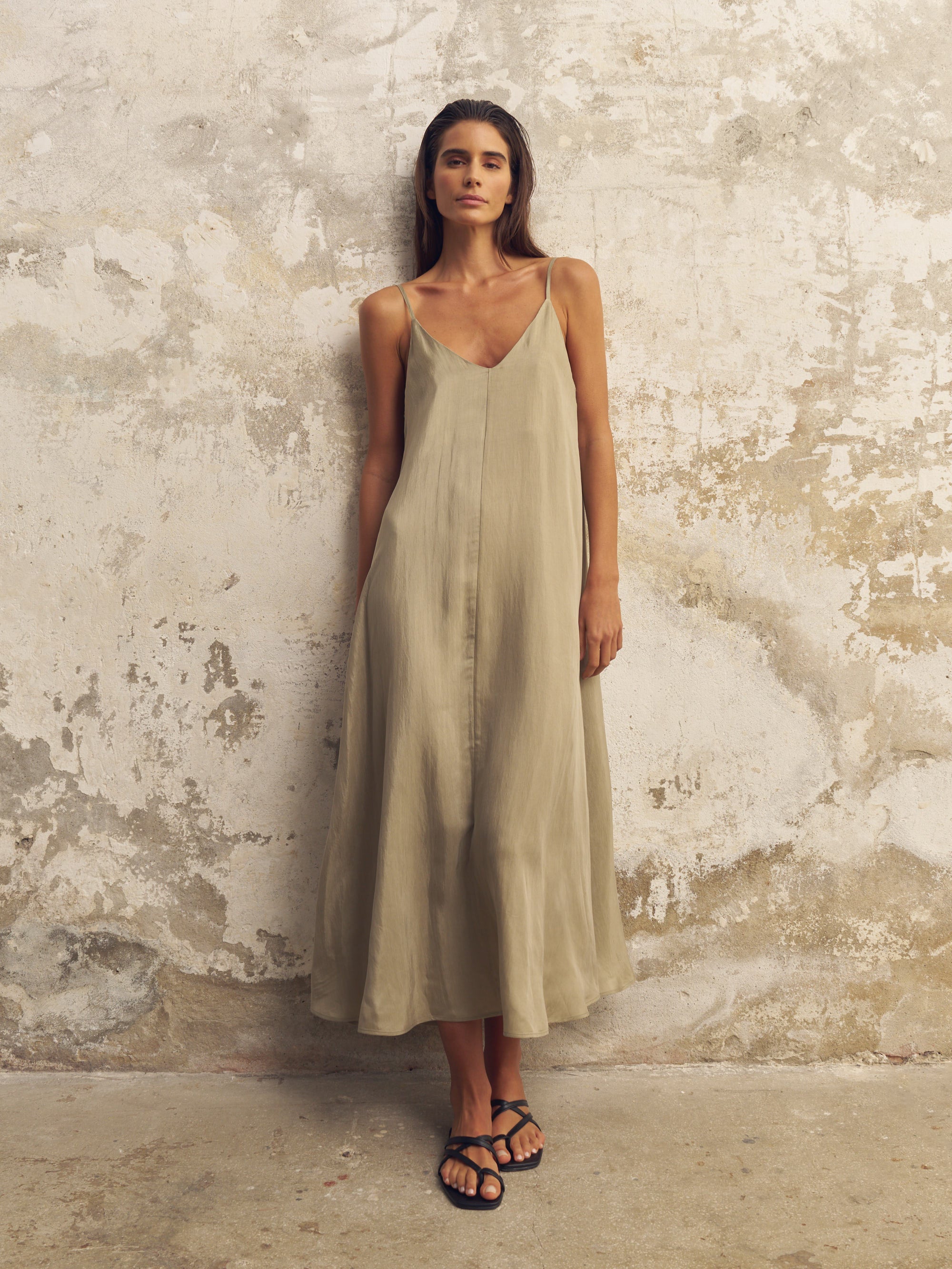 The Handloom Lucid Flow Maxi Dress - Khaki Green
