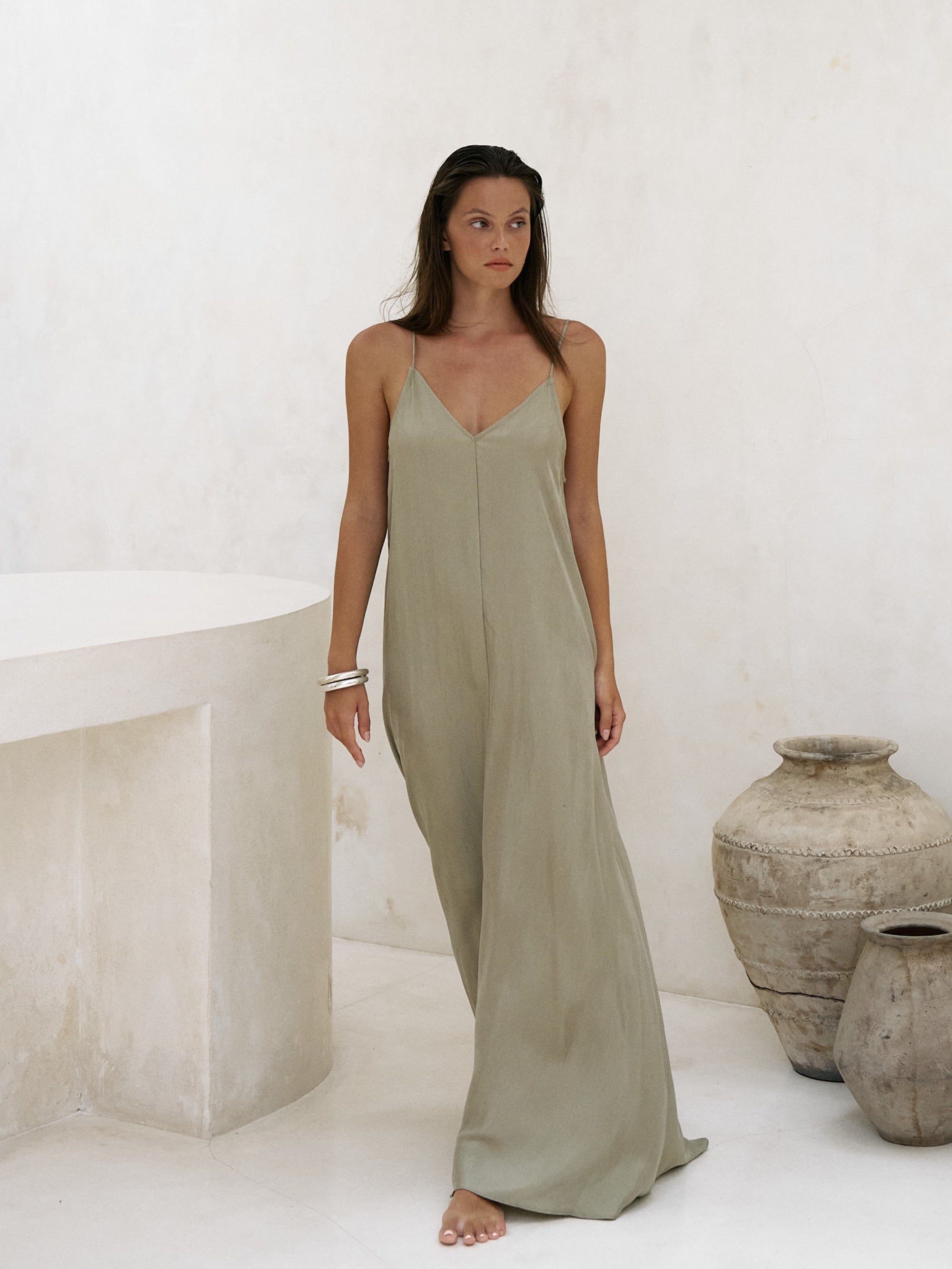 The Handloom Lucid Flow Maxi Dress - Khaki Green