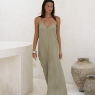 The Handloom Lucid Flow Maxi Dress - Khaki Green