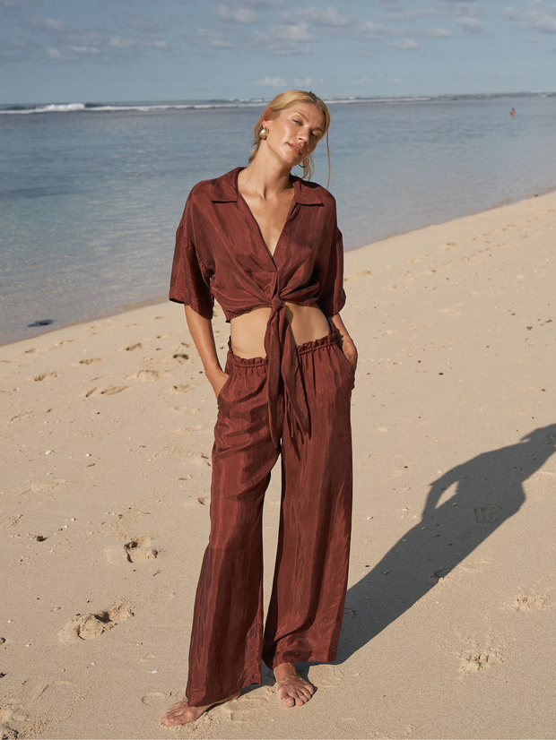 The Handloom Lucid Flow Tie Pants - Burgundy