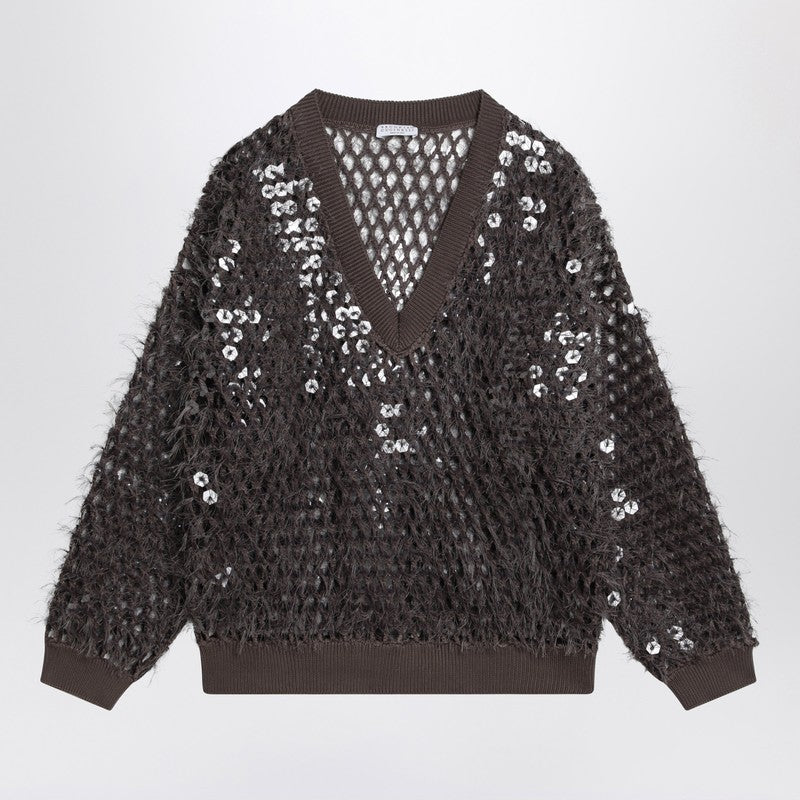 Brunello Cucinelli Chocolate Mesh Top With Sequins