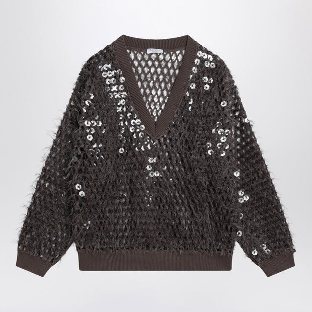 Brunello Cucinelli Chocolate Mesh Top With Sequins
