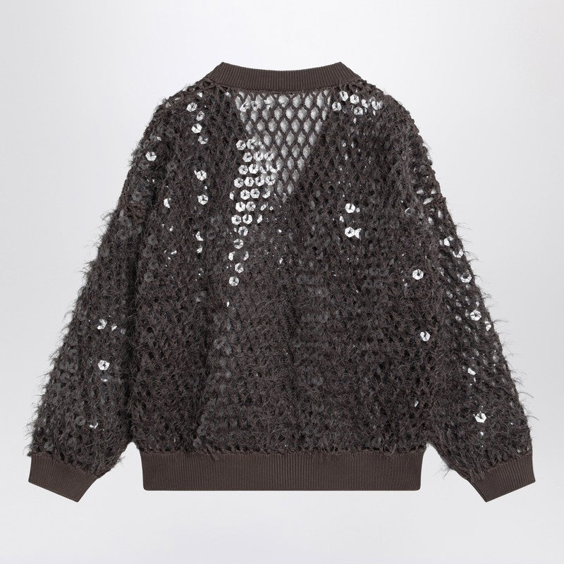 Brunello Cucinelli Chocolate Mesh Top With Sequins