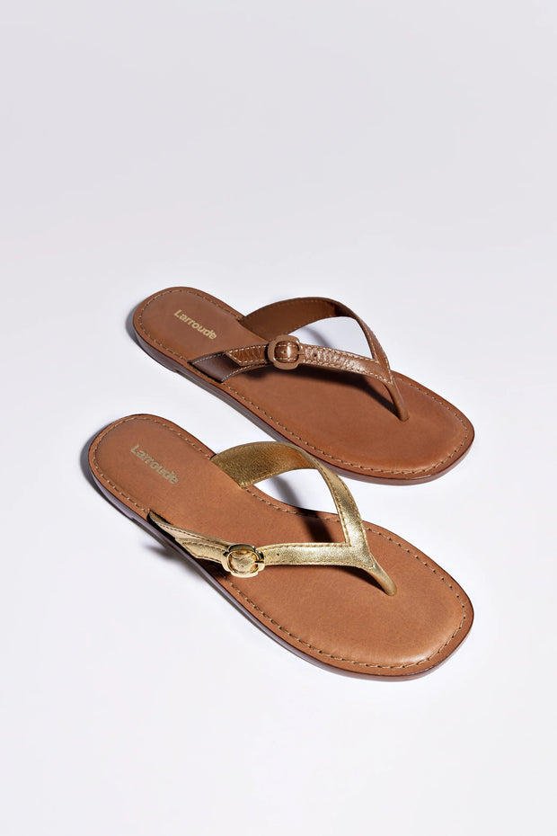 Larroude Mary Kate Flat Sandal In Gold Metallic Leather