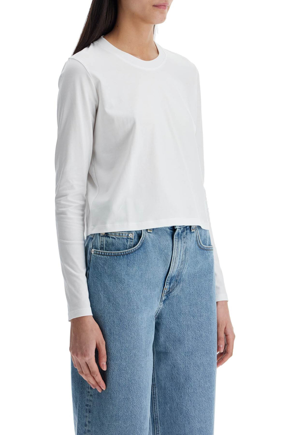 Loulou Studio Cropped Long Sleeve T-shirt White In Organic Cotton