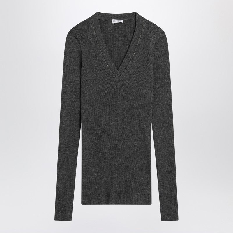 Brunello Cucinelli Dark Grey Ribbed Wool Sweater
