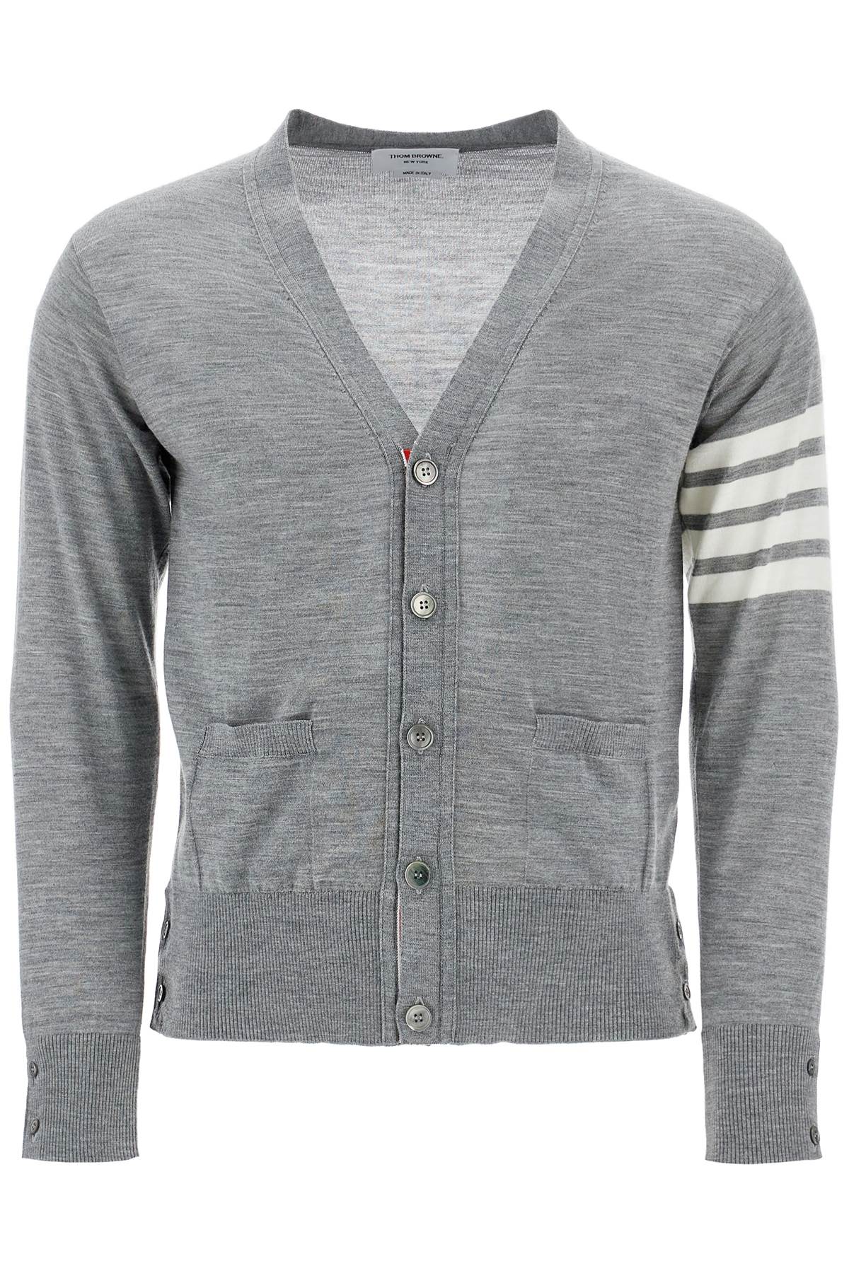 Thom Browne Cardigan In Pale Grey Merino Wool With 4-Bar Stripes