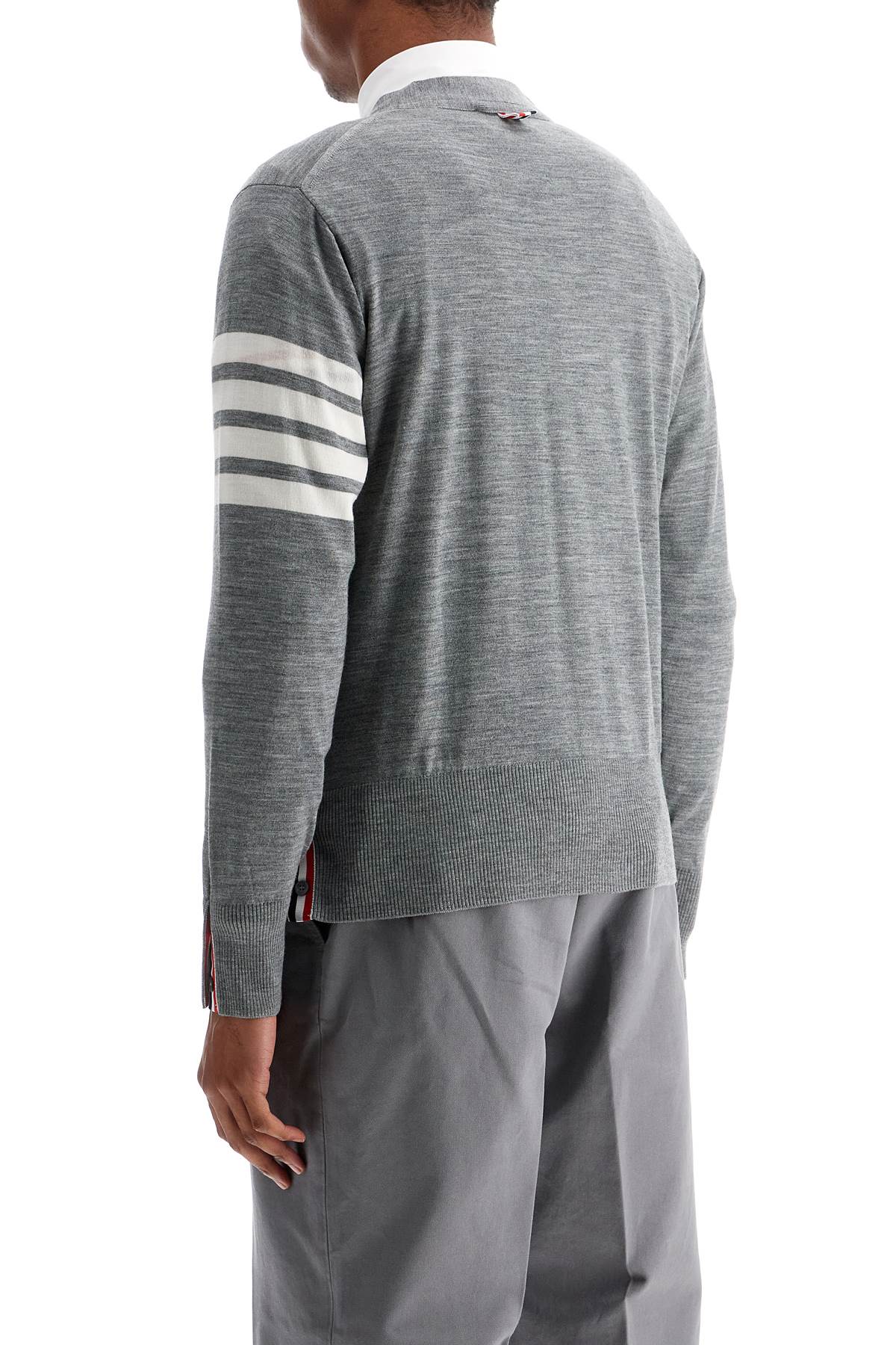 Thom Browne Cardigan In Pale Grey Merino Wool With 4-Bar Stripes