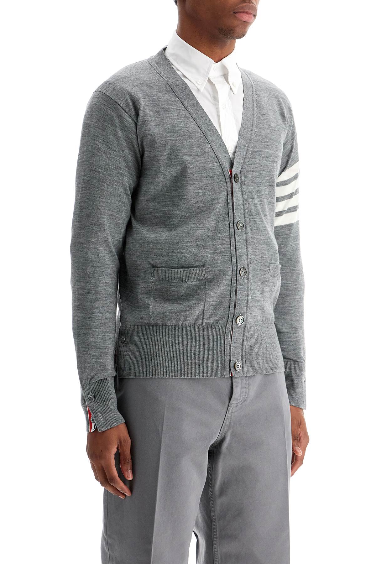 Thom Browne Cardigan In Pale Grey Merino Wool With 4-Bar Stripes