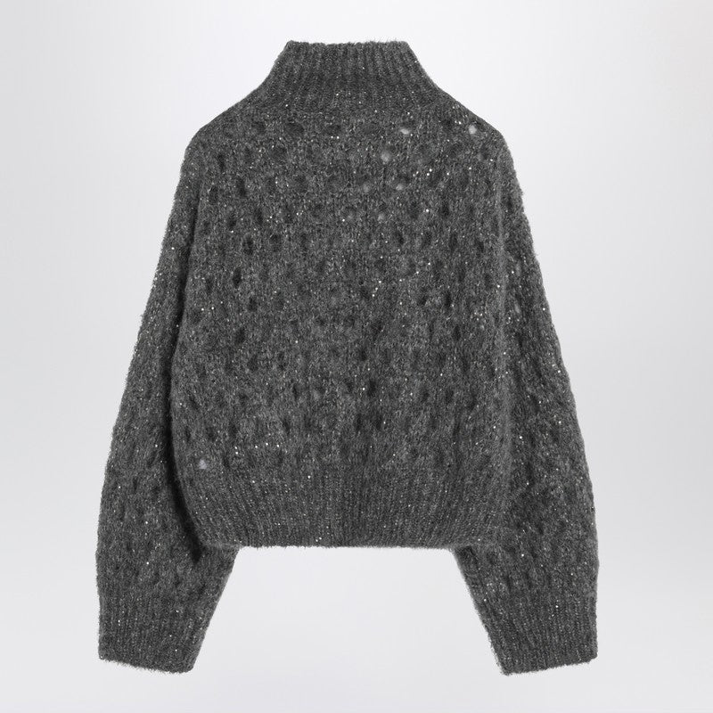 Brunello Cucinelli Grey Openwork Turtleneck Sweater