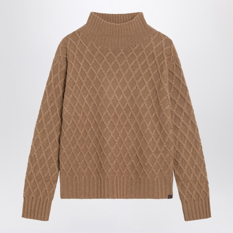 Max Mara Camel Cable Knit Turtleneck Jumper