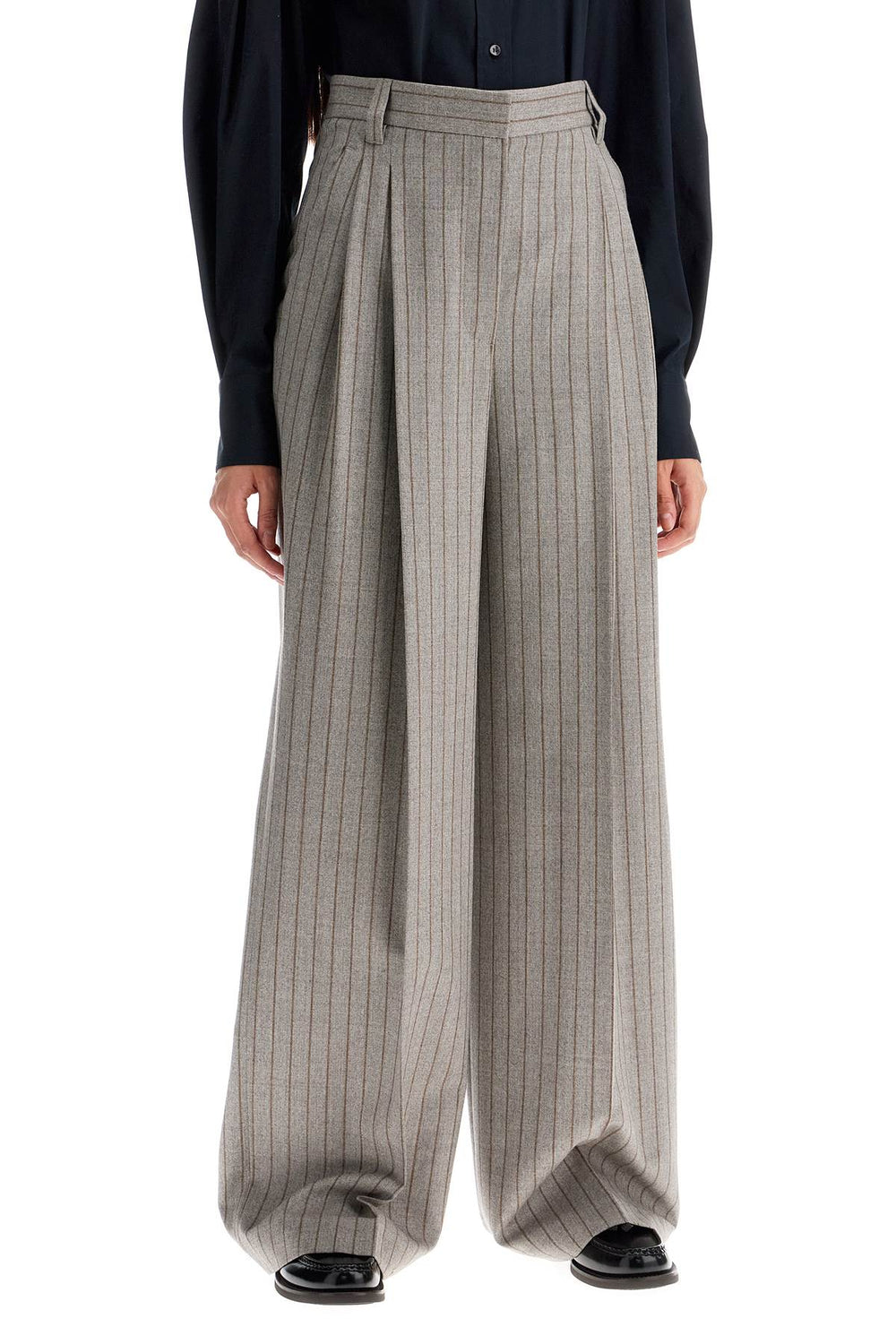 Brunello Cucinelli Wide Leg Virgin Wool Pinstripe Pants