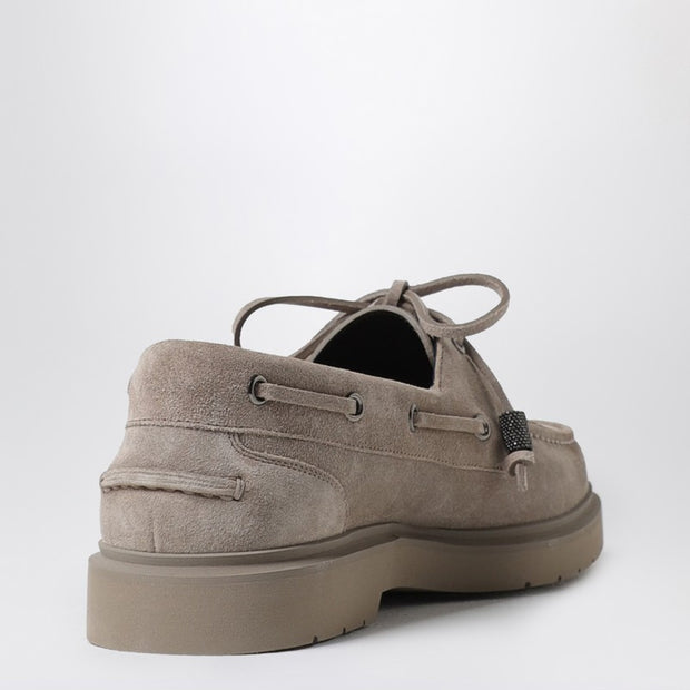 Brunello Cucinelli Taupe Grey Suede Boat Loafer