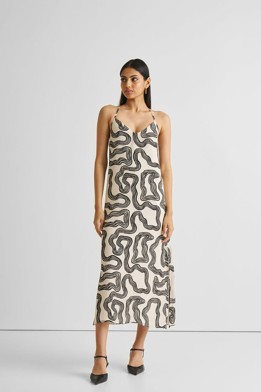 Reistor Midi Slip Dress in Black Stripes
