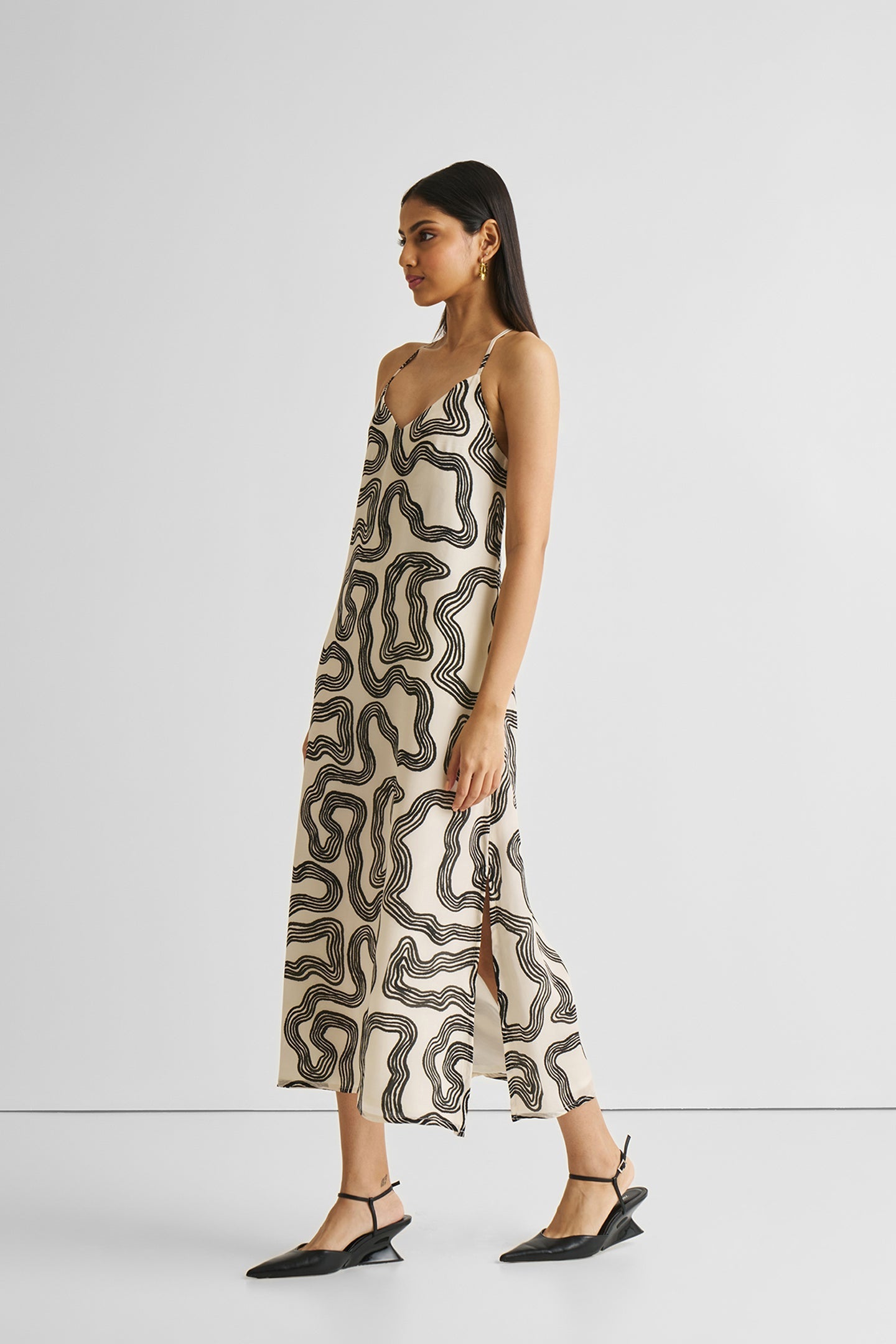 Reistor Midi Slip Dress in Black Stripes