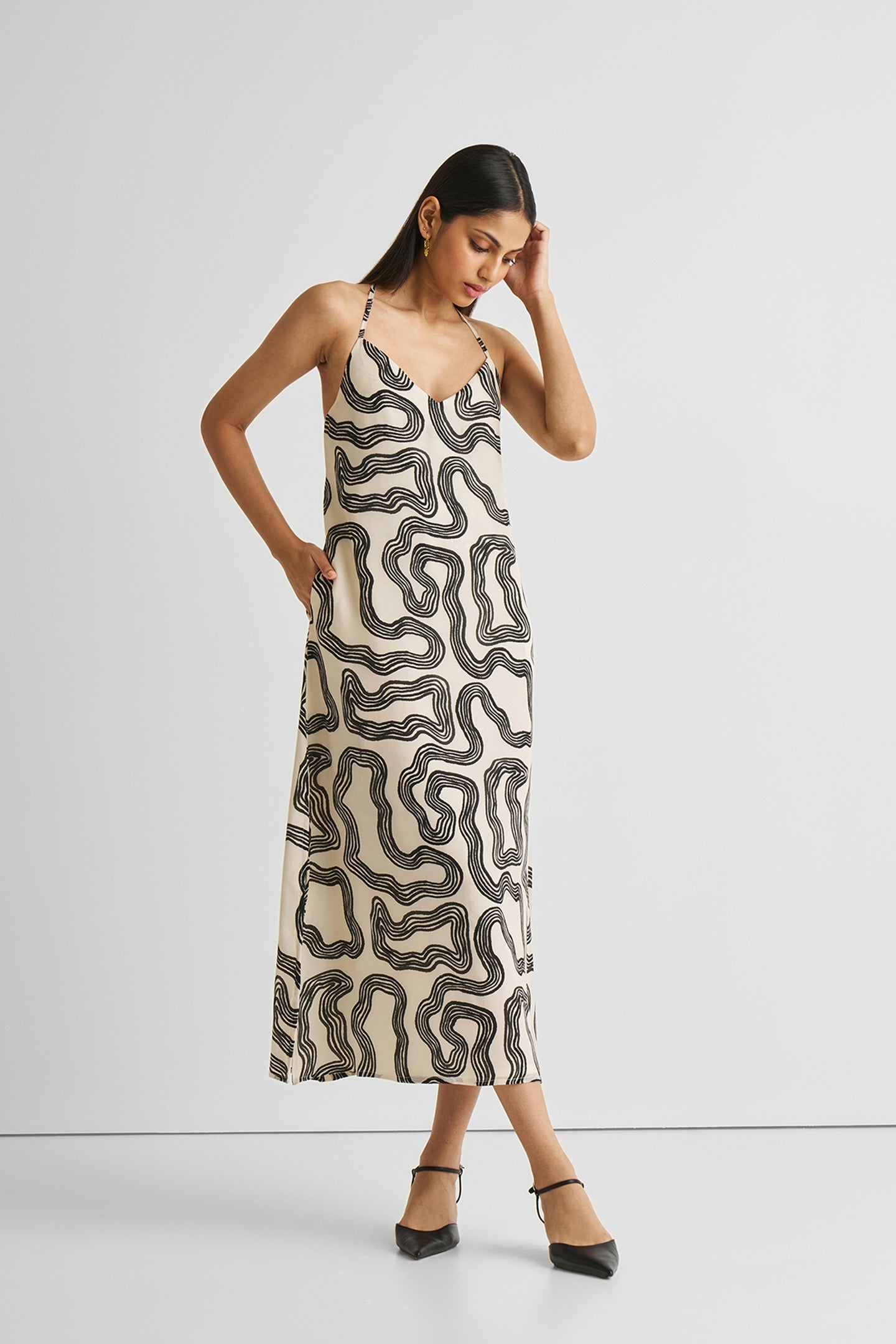 Reistor Midi Slip Dress in Black Stripes